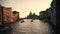 Italian port. Sunset. Tourist boats sailing on the river