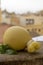 Italian provolone caciocavallo aged cheese in teardrop form with yellow houises of old Italian town on background