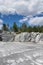 Italian quarry with smooth sections of marble in the Ruskeala Mountain Park on a sunny summer day