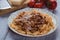 Italian ragu bolognese with flat fettuccine pasta