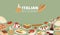 Italian restaurant food banner with pizza, lunch pasta, spaghetti and cheese, desserts and wine vector illustration.