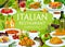 Italian restaurant food vector poster, Italy meals