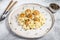 Italian Risotto with pan seared sea scallops. White background. Top view