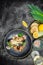 Italian risotto with shrimps, mussels, octopus, clams. Mediterranean cuisine. Restaurant menu, dieting, cookbook recipe top view