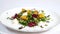 Italian roast beet salad. Salad of roasted beets with goat cheese and pine nuts on white dish isolated on a white