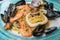 Italian seafood pasta with shrimps, mussels and clams