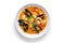 Italian shrimp and mussel soup on a white background, flat lay