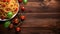 Italian spaghetti with basil garnish and herbs on wooden board background, Plate of delicious Italian pasta on wood table counter