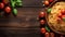 Italian spaghetti with basil, tomatoes and herbs on wooden board background, Plate of delicious Italian pasta on rustic wood table