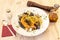 Italian spaghetti a la marinera recipe with prawns, clams, Galician mussels and squid with spicy oil, salt, spoon