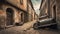 italian street with old houses and wrecked cars