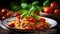 Italian tomato pasta with basil on the wooden table, close up