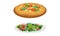 Italian traditional food set. Pizza and salad, tasty dishes on plates vector illustration