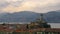 Italian village skyline of Malcesine peaceful panoramic town on Garda Lake waterfront romantic horizontal panorama and