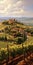 Italian Vineyard Landscape Painting With Detailed Architecture