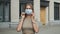 Italian woman putting mask walk street coronavirus. Model near theater covid-19.