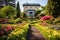 italianate house with a belvedere surrounded by colorful gardens