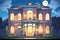 italianate mansion with deep eaves at dusk, lights shining from windows, magazine style illustration