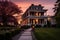 italianate mansion with deep eaves at sunset