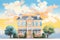 italianate mansion with deep eaves at sunset, magazine style illustration