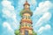 italianate tower against cloudy sky backdrop, magazine style illustration