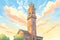 italianate tower captured at sunset with clear sky, magazine style illustration