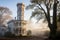 italianate tower enveloped in morning mist