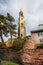 Italianate village in Portmeirion  with campanile bell tower in Wales, UK