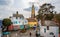 Italianate village in Portmeirion  with campanile bell tower in Wales, UK