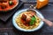 Itallian spaghetti and meatballs and parmegano for dinner, comfort food, close view