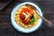 Itallian spaghetti and meatballs and parmegano for dinner, comfort food, close view