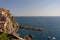 Italy, Cinque Terre, Manarola,PANORAMIC VIEW OF SEA AND BUILDINGS AGAINST CLEAR SKY