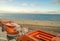 Italy, Civitavecchia, October 07, 2018: View of the pier and Parking of tourist buses, from the deck of the cruise liner MSC