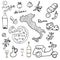 Italy doodles elements. Hand drawn set with pizza scooter, wine, cheese and map. Drawing doodle collection, isolated on white bac