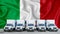 Italy flag in the background. Five new white trucks are parked in the parking lot. Truck, transport, freight transport. Freight