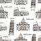 Italy hand drawn background, seamless vector pattern with famous places of Italy. Rome, Vatican, Piza