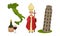 Italy Landmarks and Distinguishing Objects Like Tower of Pisa and Bishop Vector Set