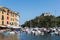 Italy. Liguria. Portofino. The harbor with Castello Brown by night