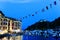 Italy. Liguria. Portofino. The harbor with Castello Brown by night