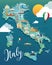 Italy map with attractive landmarks illustration.