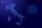 Italy map from blue isolines or level line geographic topographic map grid and glowing space stars. Vector illustration