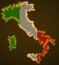 Italy map of glowing radial dots with flag inside