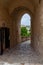 Italy. Matera. Sasso Barisano. Covered public paved stairway between the ancient houses