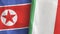 Italy and North Korea two flags textile cloth 3D rendering