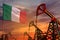 Italy oil industry concept. Industrial illustration - Italy flag and oil wells with the red and blue sunset or sunrise sky