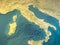 Italy, physical map, satellite view, map, 3d rendering