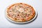 Italy pizza with egg yolk ham mushrooms on a white background