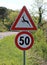 Italy: Road signal Danger animals crossing and speed limit.