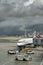 Italy, Rome, Fiumicno Airport, March 2018, airport, the plane is on boarding the passengers working equipment finishes the latest