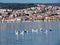 Italy, Sardinia, Sant`Antioco, view of the lagoon and in the background the village of San Antioco